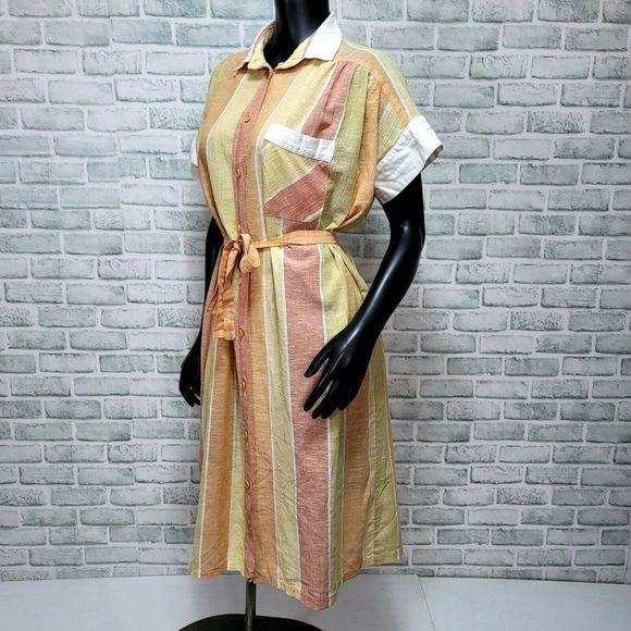 Vintage 80s Rudnik Lightweight Sheer Cotton Orange Striped Shirt Shift Dress - Picture 3 of 7